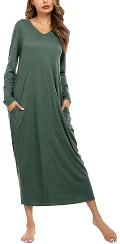 Sykooria Camicia da Notte Manica Lunga Donna a V Camice da Notte in Cotone Lungo Camicia da Notte Invernale con Tasche,Pigiama Comodo Ampio Tinta Unita Abbigliamentoda Casa S-3XL
