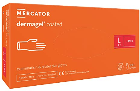 MERCATOR MEDICAL Gants en latex DERMAGEL COATED, taille : L - 100 pieces, Gants jetables, non poudrés, Gants de protection, transparents, non poudrés