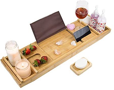 Premium Bamboo Bathtub Tray Caddy for Tub - Expandable Foldable Bath Tray - Unique House Warming Gifts, New Home, Anniversary & Wedding Gifts for Couple, Bath Table Bridal Shower Gift