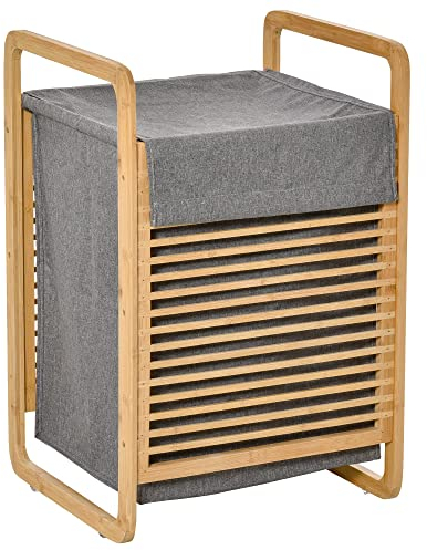 HOMCOM Cesto para Ropa Sucia de Bambú Cesto Rectangular de Ropa Portátil con Tapa y Bolsa Extraíble Mueble de Baño Dormitorio 40x35,5x60,5 cm Color Natural y Gris