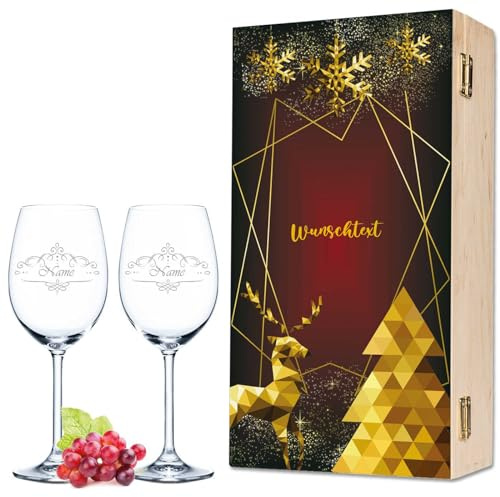 GRAVURZEILE Leonardo Weingläser mit Gravur - Weihnachtshirsch Design - Personalisiert mit Namen & Wunschtext als Set inkl. Holzkiste - Weinachtsgeschenk für Männer & Frauen - Farbe: Rot