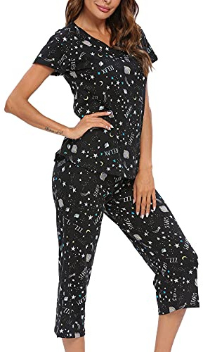 ENJOYNIGHT Pigiama corto da donna, a maniche corte, con pantaloni lunghi a 3/4, biancheria da notte in due pezzi, S-3XL, Stella di luna nera, XXXL