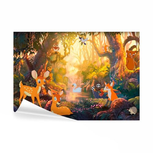 decomonkey - Papier Peint Panoramique Adhésif Enfants Foret Animaux 343x256 cm - Gris orange noir beige - Pour enfants jungle cygnes forêt oiseaux hibou animaux enfant d'âge préscolaire