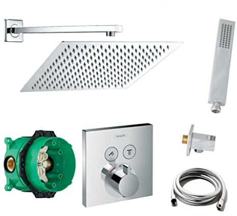 vanvilla Duschsystem Unterputz mit Duscharmatur Hansgrohe poliert HG02. V2 | Duscharmatur von Hansgrohe Shower Select Thermostat Armatur und vanvilla Regendusche Duschkopf eckig, Dusch-SET poliert