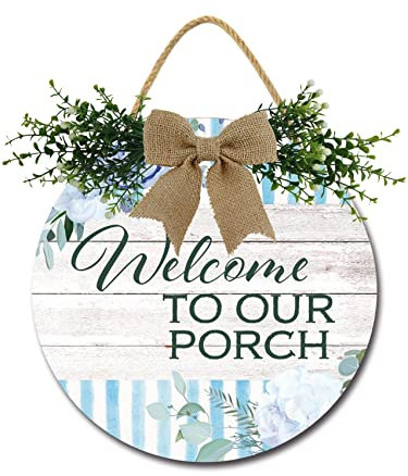 Geroclonup Welcome To Our Porch Holz Haustürschild Rustikaler Runder Kranz Wandhänger Veranda Dekor Frühling und Sommer Bauernhaus Dekoration Einweihungsgeschenk 30,5 cm