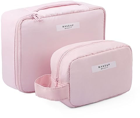 FIVAVA 2PCS Kosmetiktasche Große Klein, Kosmetiktasch für Damen Mädchen Schminktasche wasserdichte, Kosmetiktasche Reise, Make up Tasche Tragbare Rosa