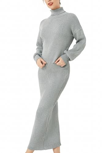 Scacto 2-teiliges Damen-Pullover-Set, Rippstrick, langärmelig, hoher Ausschnitt, Pullover, Maxi, figurbetonter Rock, Outfit, GRAU, Klein