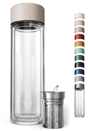 EVER VESSEL Multi-Wasserflasche und Thermoflasche aus Glas mit Tee-Ei, doppelwandiges Borosilikatglas, spülmaschinenfest, kein Kunststoff berührt den Inhalt, perfekt für Büro oder Zuhause, Beige