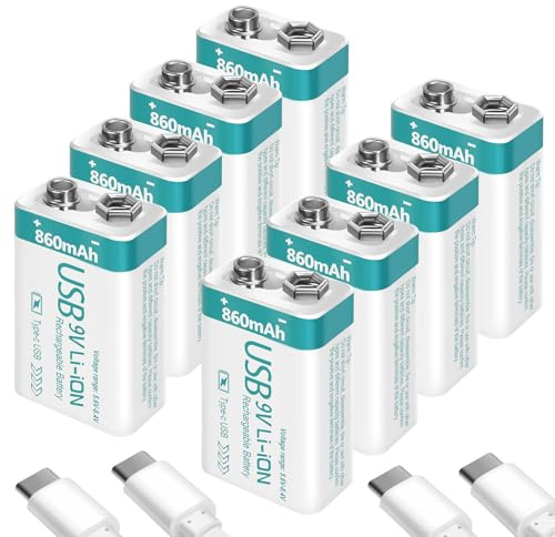 winbasic Rechargeable 9V Lithium USB Battery 860mAh with 4 in 1 Charge Cable, 9 Volt Batteries 6f22 for Smoke Detector Alarms (8 Pack)