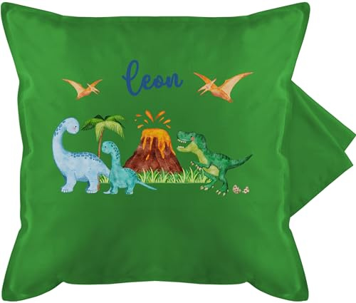 Kissenbezug - Kissen - Geschenk Dinosaurier personalisiert mit Name I Dino I Dinos - 50 x 50 cm - Grün - namenskissen Junge Dinosaur Pillow Tier trex kissenhülle polsterüberzug Tieren Kita