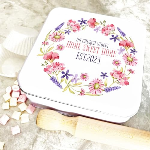 Fingerprint Designs Square Floral Wreath Personalised Cake Tin | Custom Gift | Personalized Tin | Cake, Biscuit & Treat Tins | Gift For Her | Him | 16.5x16.5x6.5cm
