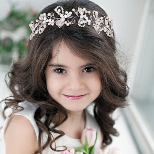 IYOU Prinzessin Kristall Kopfschmuck Silber Blume Hochzeit Stirnband Perle Kommunion Haarschmuck für Blumenmädchen Braut Brautjungfer