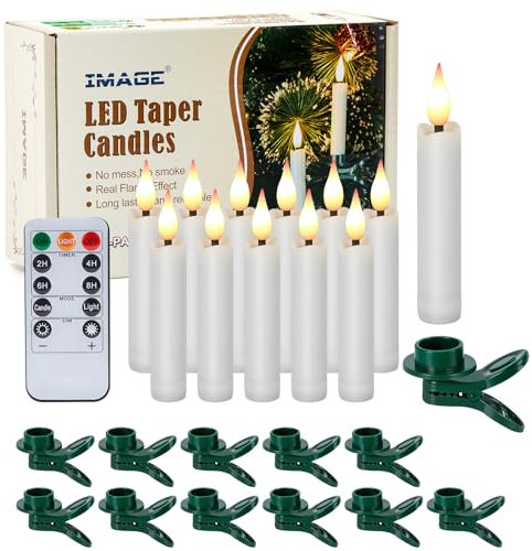 IMAGE LED Taper Candles Light Set Battery Operated Floating Candles Flameless 3D Wick Ivory Candles with Clip-on, 10-Key Remote with Timer, Party Table Christmas Tree Deco, Warm White Light (12)