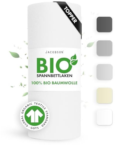 Jacobson Bio Spannbettlaken Topper 200x220cm Baumwolle Spannbettlaken, GOTS zertifiziertes Bettlaken, 160g/m² Jersey Spannbetttuch (Topper 200x220, Weiß)