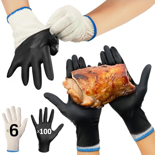 Raxwell Grillhandschuhe, hitzebeständige Kochhandschuhe, 6 Baumwolleinlagen + 100 Einweg-Nitrilhandschuhe zum Grillen, Rauchen und Kochen, Zubereitung heißer Speisen, Größe L