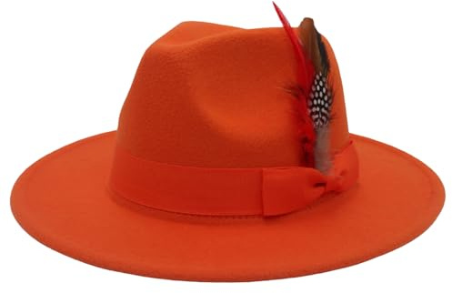 DELIMALI Retro-Fedora-Feder-Hut, breite Krempe, Wollfilzmütze, Jazzhut, Panama-Schlapphut, elegant, Party, Hochzeit, A-Orange, Einheitsgröße