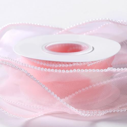 4cm*5 Yard Pearl Edge Organza Ribbon Sheer Chiffon Ribbon for Bouquet Gift Wrapping, Pink