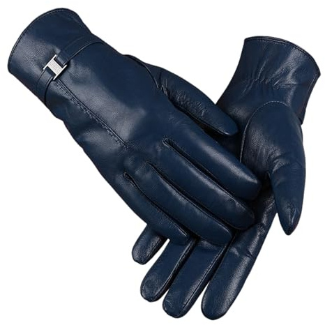 Women's 2024 Autumn and Winter Plain Versatile Windproof and Thick Cold Leather Gloves SCg49 (Blue, M)