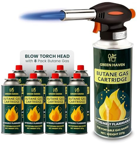 Green Haven Blow Torch for Cooking Attachment Head with 8 Gas - One-Handed Gas Torch with Adjustable Flame & Safety Lock, Fits All Butane Tanks, Ideal for Creme Brulee, Desserts, BBQ, Baking