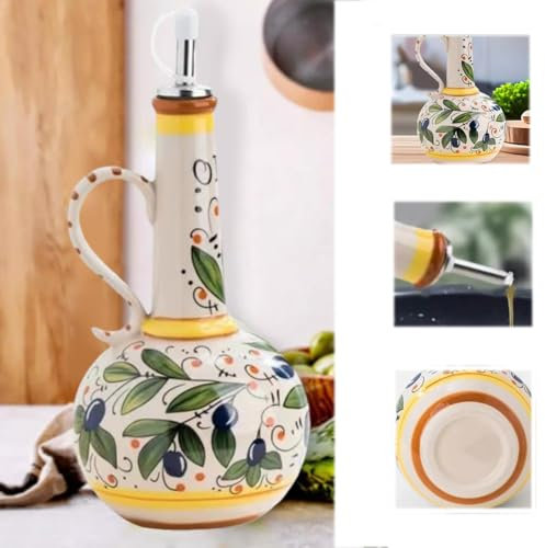 Distributeur d'huile d'olive en céramique, 25 oz, quantité d'huile d'olive décorative en faïence pour la cuisine avec bec en acier inoxydable, bouteille en céramique d'olive peinte à la main, pour