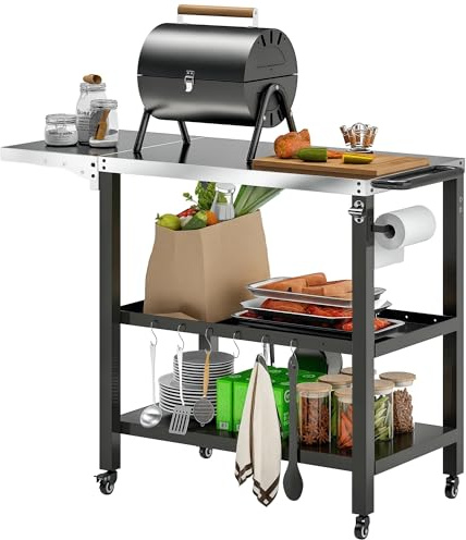 Outsunny Carrito de Parrilla de 3 Niveles Carrito de Barbacoa Carro de Servicio con Ruedas Estantes Encimera de Acero Inoxidable Lateral Plegable y Asa Mesa de Horno de Pizza para Jardín Patio Negro