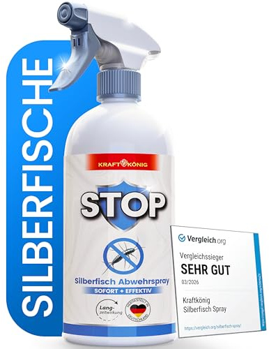 KRAFTKÖNIG Silberfisch Spray 500 ml - VERGLEICHSSIEGER - Hochwirksam | Silberfische bekämpfen & Papierfische bekämpfen – mit Sofortwirkung – Stoppt Neubefall in Bad, Küche & Keller, Hochwirksam