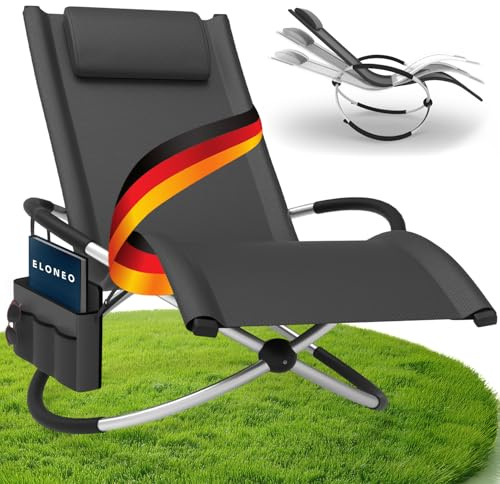 ELONEO Chaise Longue à Bascule Extérieure avec Pochette, Relax Fauteuil Jusqu’à 180 kg, Transat Bascule Jardin Résistant aux Intempéries, Bain de Soleil Balcon et Terrasse, à Anthracite