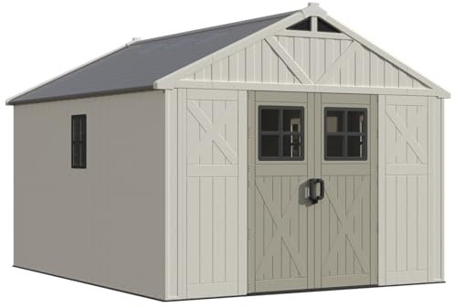 Patiowell 10x12 FT Outdoor Storage Shed with Floor and Lockable Door, All Weather Plastic Shed Garden Shed with Skylight and Multiple Windows for Backyard, Patio, Lawn, Beige