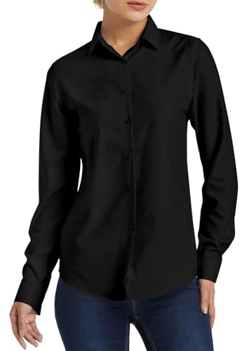 JiaYouLC Women's Long Sleeve Blouses & Shirts Stretch Formal Button Down T Shirts Executive Office Business Casual Tops for Ladies (UK, Alpha, M, Regular, Regular, Black, Long Sleeve)