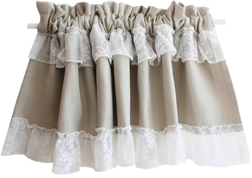Stfery Küchengardine Landhaus Baumwolle Leinen Einfarbig mit Spitze Vorhänge Blickdicht, 130x90cm x 1pcs, Bistrogardine Beige Weiß für Badezimmer Fenster Vorhänge