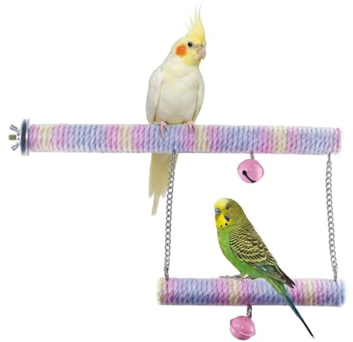 Dual-Layer Bird Swing Perch with Bells Rainbow Cotton Rope Cage Parrots Toys for Parakeet Conure Cockatiel Mynah Love Birds Finches