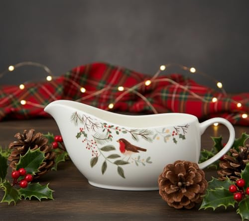 New Charming Merry Robin Gravy Boat – Festive Porcelain Sauce Server with Adorable Robin and Foliage Design, Perfect for Gravy & Sauces, Dishwasher & Microwave Safe-N13