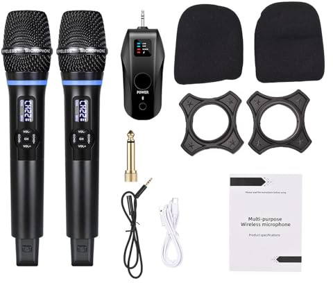 Aumotop de Micrófono UHF Inalámbrico Profesional para Actuaciones de Canto KTV, Bares, Eventos Comerciales, Negro (1 Receptor con 2 micrófonos)