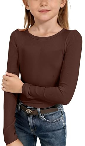 Mjjsk Camiseta de manga larga acanalada para niñas, casual, cuello redondo, básica, moderna, ajustada, cómoda, suave, capa base, clásica, lisa, marrón, 7-8 años