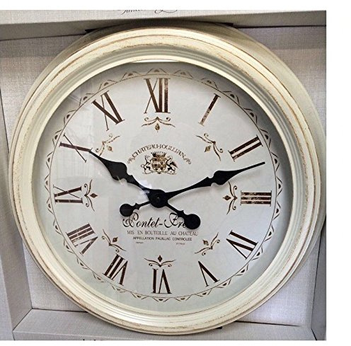LARGE ROUND FRENCH STATION WALL CLOCK DISTRESSED ROMAN NUMERAL METAL FRAME CLOCK CREAM