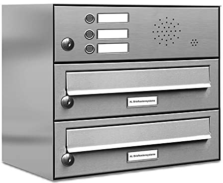 AL Briefkastensysteme 2er Briefkastenanlage mit Klingel, V2A Edelstahl, Premium Doppel-Briefkasten DIN A4, 2 Fach Postkasten modern Aufputz