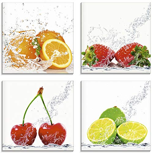 ARTland Wanddeko Glasbilder Wandbild Glas Bild Set 4 teilig je Quadratisch Früchte im Wasser Obst Frucht Orange Erdbeere Kirsche Limette S6MJ