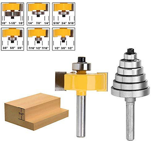 WSXTOOL Rabbeting Bit Set 1/4 Zoll Schaft-T-Nut-Falzfräser mit 6 einstellbaren Lagern 1/8, 1/4, 5/16, 3/8, 7/16, 1/2 für die Holzbearbeitung
