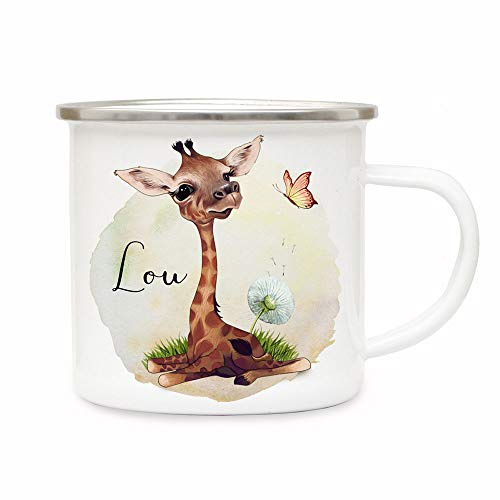 Emaille Becher Camping Tasse Motiv Giraffe mit Pusteblume & Wunschname Name Kaffeetasse Geschenk Kinder eb501 - ausgewählte Größe: *2. Emaillebecher*