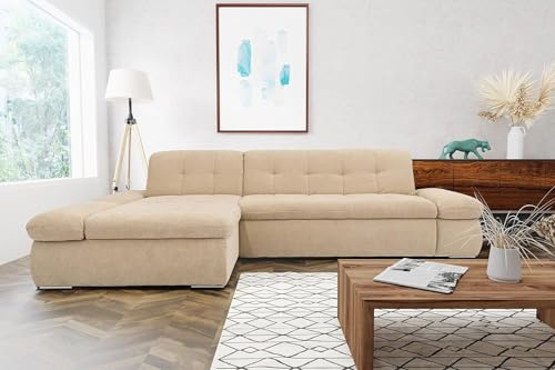 DOMO. collection Ecksofa Moric, Sofa mit Schlaffunktion & Armlehnfunktion in L-Form Couch, Eckcouch mit Bett-Funktion, Schlafsofa 300 x 172 x 80 cm (BxTxH), beige | Longchair links mit Schlaffunktion, L-Sofa mit Armlehnfunktion, Steppung und Metallfuß, 300 x 172 x 80 cm (BxTxH)