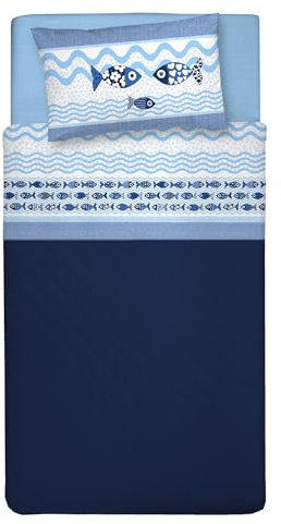 PENSIERI DELICATI Completo Letto Singolo 100% Cotone, Completo Lenzuola Singolo 90x200 Comprensivo di Lenzuolo sotto, Lenzuolo sopra e 1 Federa a Sacchetto, Made in Italy, Fantasia Pesciolini Blu