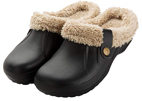 CELANDA Clogs Gefüttert Damen Herren Warm Hausschuhe wasserdichte Gartenclogs mit Fell Frauen Geschlossen Lined Clogs Winter Plüsch Pantoletten Schwarz H 42/43 EU