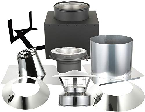 AllFuel HST Through The Attic Kit with Spark Guard Chimney Cap for 6 Diameter 304 Stainless Steel Class-A Double Wall Chimney Pipe (11 Square Ceiling Support Box, 1/12-6/12 Pitch Roof Flashing)