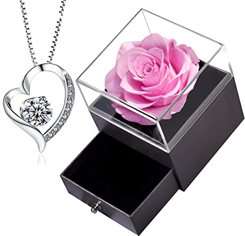 SWEETIME Ewige Rose Infinity Rosen mit Kette, Konservierte Roses Schmuck Geschenkbox, Verzauberte rosa Rose, Roses Box Geschenk für Frauen, Mutter, Freundin am Muttertag, Valentinstag, Geburtstag.