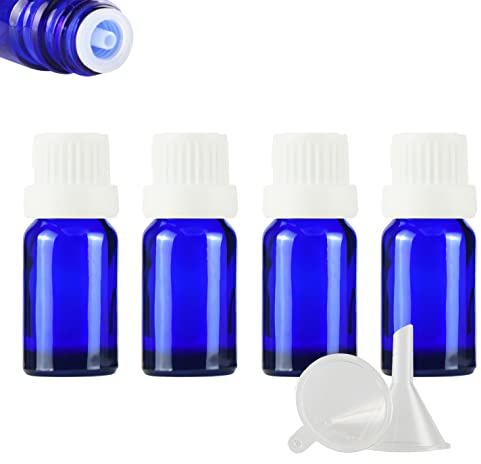 ZEOABSY 4 Stück Leer 10ml Braunglas Flasche mit Tropfmontur Originalitätsverschluss, Tropfflasche Blau mit Weiß Schraubverschluss Glasflaschen für Ätherisches Öle Essenzen Aromatherapie