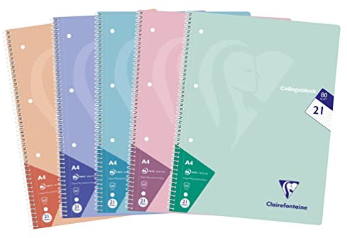Clairefontaine 306256C - Paket med 5 skolböcker, DIN A4 21 x 29,7 cm, 160 sidor, 90 g, linjerad, blandade pastellfärger, 1 förpackning