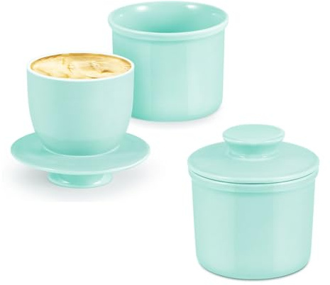 Flexzion Mantequera de porcelana, para mantequillera, campana francesa con tapa, soporte para mantequilla sellado con agua dulce y suave, colección retro, decoración de casa de campo (azul), paquete