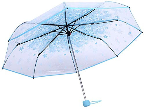 Ejoyous Paraguas Plegable Transparente Paraguas con Flores, Paraguas Plegable Princesa Paraguas Patrón Flores Luz Transparente Resistente Al Viento Paraguas de Viaje Diámetro 93 Cm (Azul)