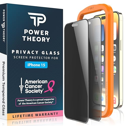 Power Theory Pellicola protettiva per iPhone 15 in vetro temperato anti spia, [vantaggi dell'American Cancer Society], durezza 9H, kit di facile installazione, 99% HD senza bolle, compatibile con