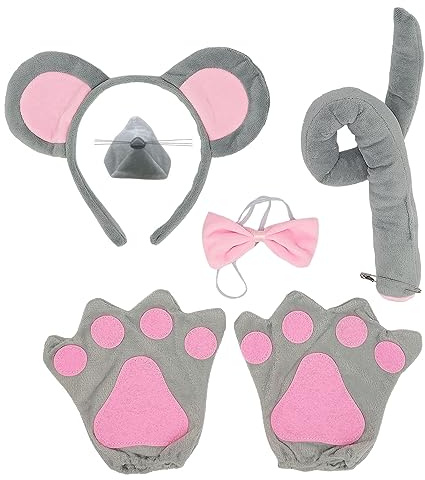 SKHAOVS 5 Pieces Mouse Costume Set,Mouse Nose Tail Gloves Pink Bow Tie Ears Headband Set,Animal Costume Set,for Adult Kids Cosplay Children's Day Birthday Party Masquerades Halloween(5 PCS)